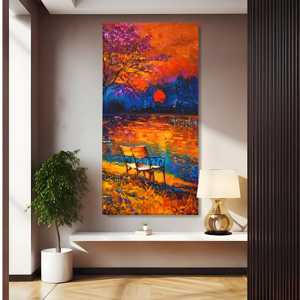 Tablou canvas cu tablou canvas cu peisaj si banca langa lac, fara rama, pe sasiu de lemn